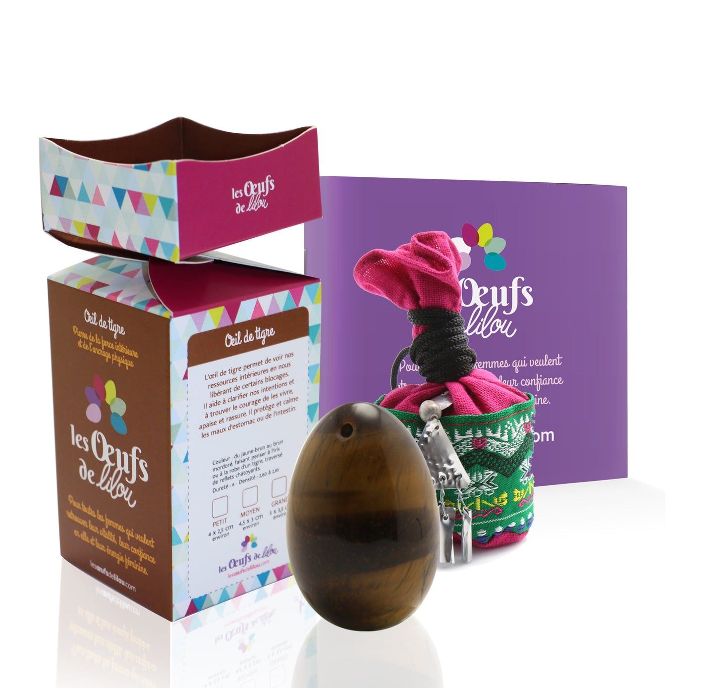 Kit complet Œuf de Yoni en Œil de Tigre Grande Taille – Confiance, Ancrage et Vitalité Féminine