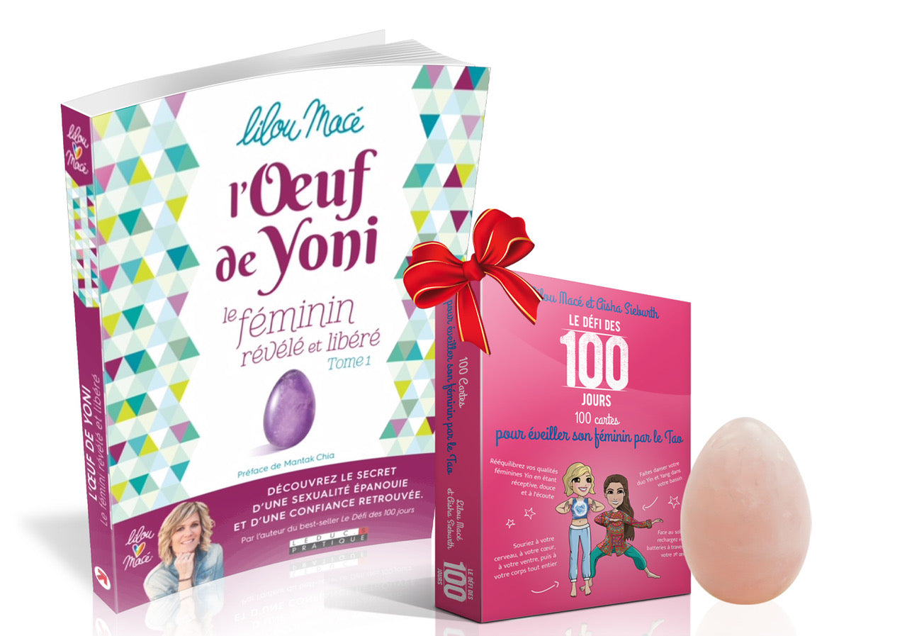 PACK Débuter avec l'Œuf de Yoni : 1 livre L'œuf de Yoni + 1 œuf de Yoni moyen quartz rose percé + en cadeau 100 cartes femmes offertes